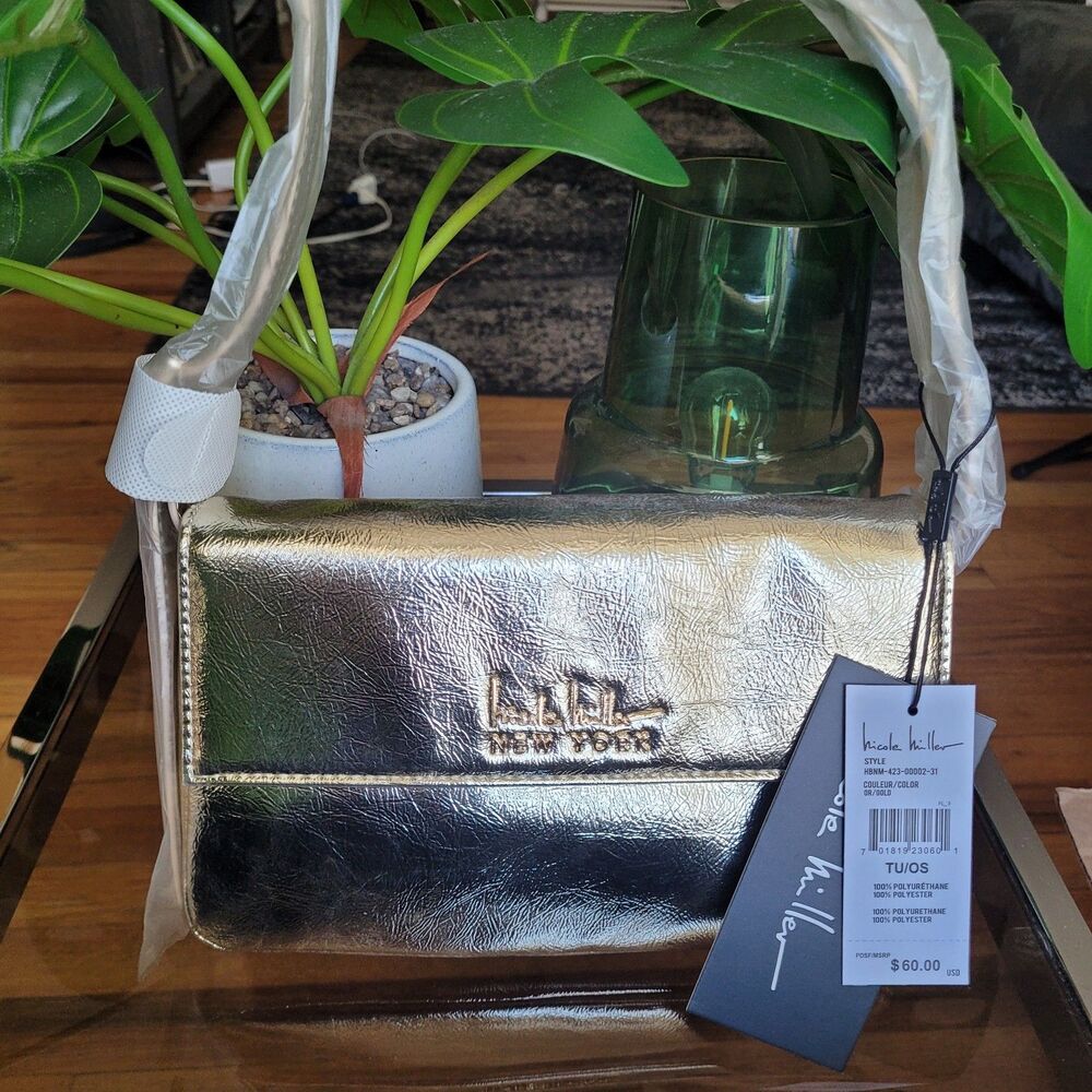 Nicole Miller Metallic Gold Vegan Leather Handbag Purse Shoulder Bag NWT $60 NEW - Picture 15 of 16